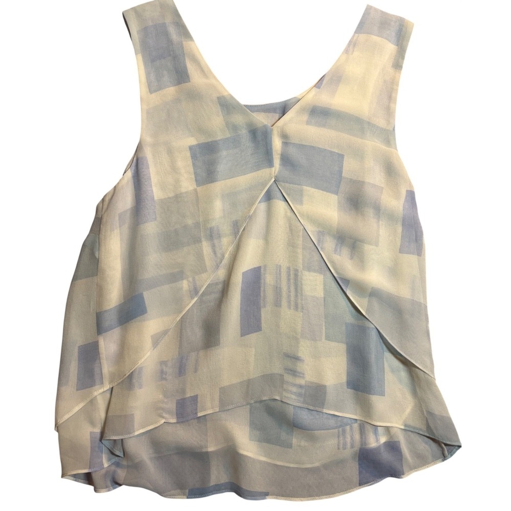 Joie Silk Sleeveless Blouse Women's Blue Cream Geometric Tiered Top Size Medium - Picture 6 of 7